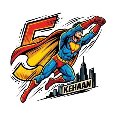 A classic comic book style illustration of a powerful superhero flying, with a large number '5' integrated into the background or cape, and the name 'Kehaan' subtly incorporated into a banner or cityscape, vibrant primary colors, action lines.