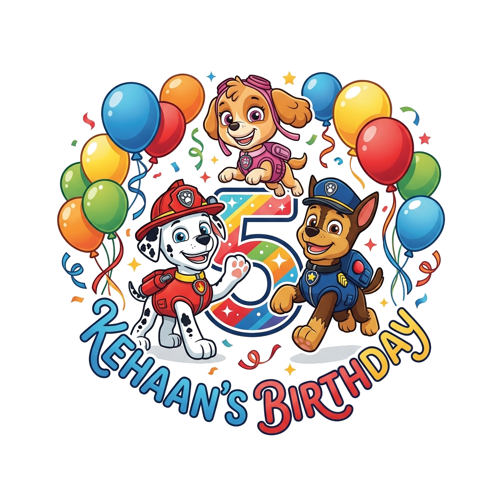 Custom design: A vibrant illustration of Paw Patrol characters (Chase, Marshall, Skye) in a celebratory pose with the number '5' and...