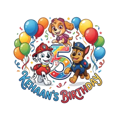 A vibrant illustration of Paw Patrol characters (Chase, Marshall, Skye) in a celebratory pose with the number '5' and 'Kehaan's Birthday' subtly integrated, surrounded by elegant, stylized balloons and confetti, in a cheerful, modern cartoon style with a touch of playful sophistication.