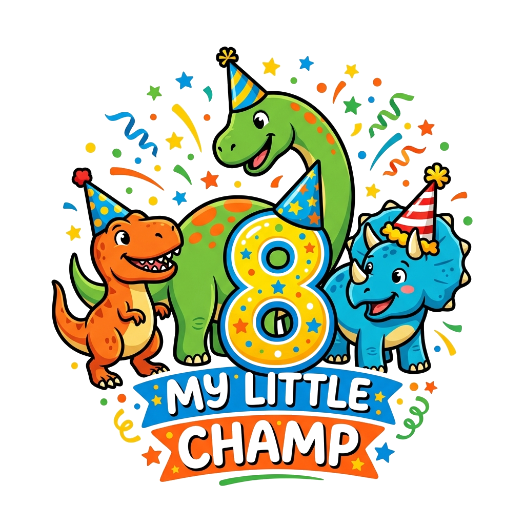 Custom design: A vibrant cartoon illustration featuring a group of friendly, diverse dinosaurs (T-Rex, Triceratops, Brontosaurus) ga...