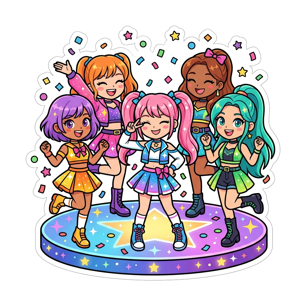 Design artwork: A cheerful group of diverse cartoon girls, styled as Kpop idols with vibrant, coordinated outfits, striking a dynamic...
