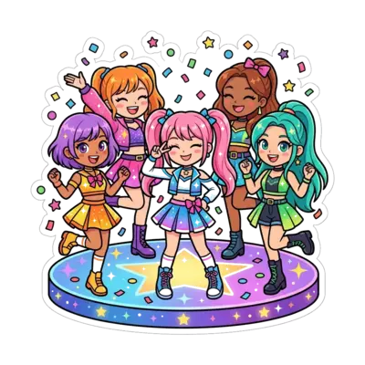 Custom design: A cheerful group of diverse cartoon girls, styled as Kpop idols with vibrant, coordinated outfits...