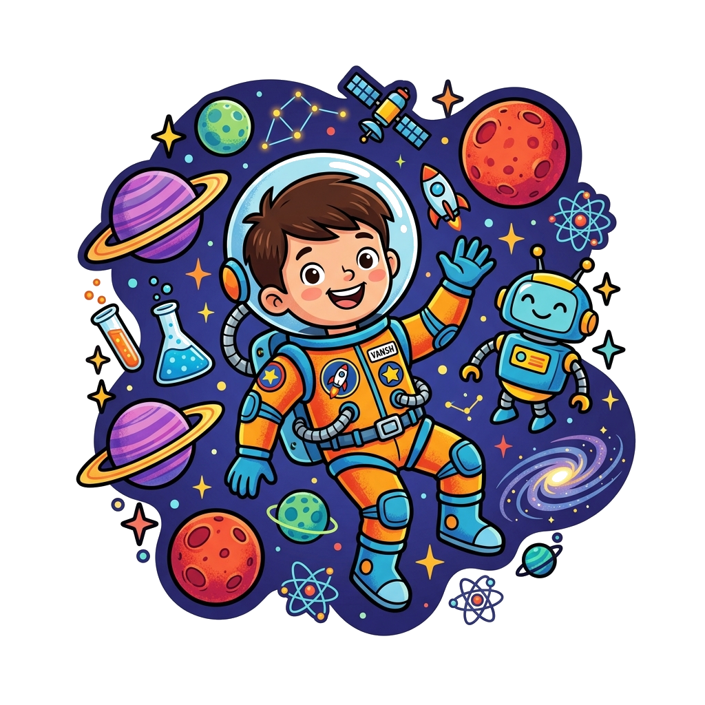Custom design: A vibrant, colorful illustration of a cheerful cartoon boy astronaut named 'Vansh' floating in a whimsical outer spac...