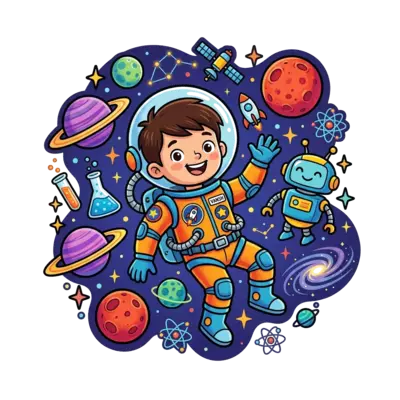 A vibrant, colorful illustration of a cheerful cartoon boy astronaut named 'Vansh' floating in a whimsical outer space scene. He's surrounded by stylized planets, sparkling stars, a friendly robot companion, and fun science elements like beakers and test tubes, all in a dynamic and energetic style.
