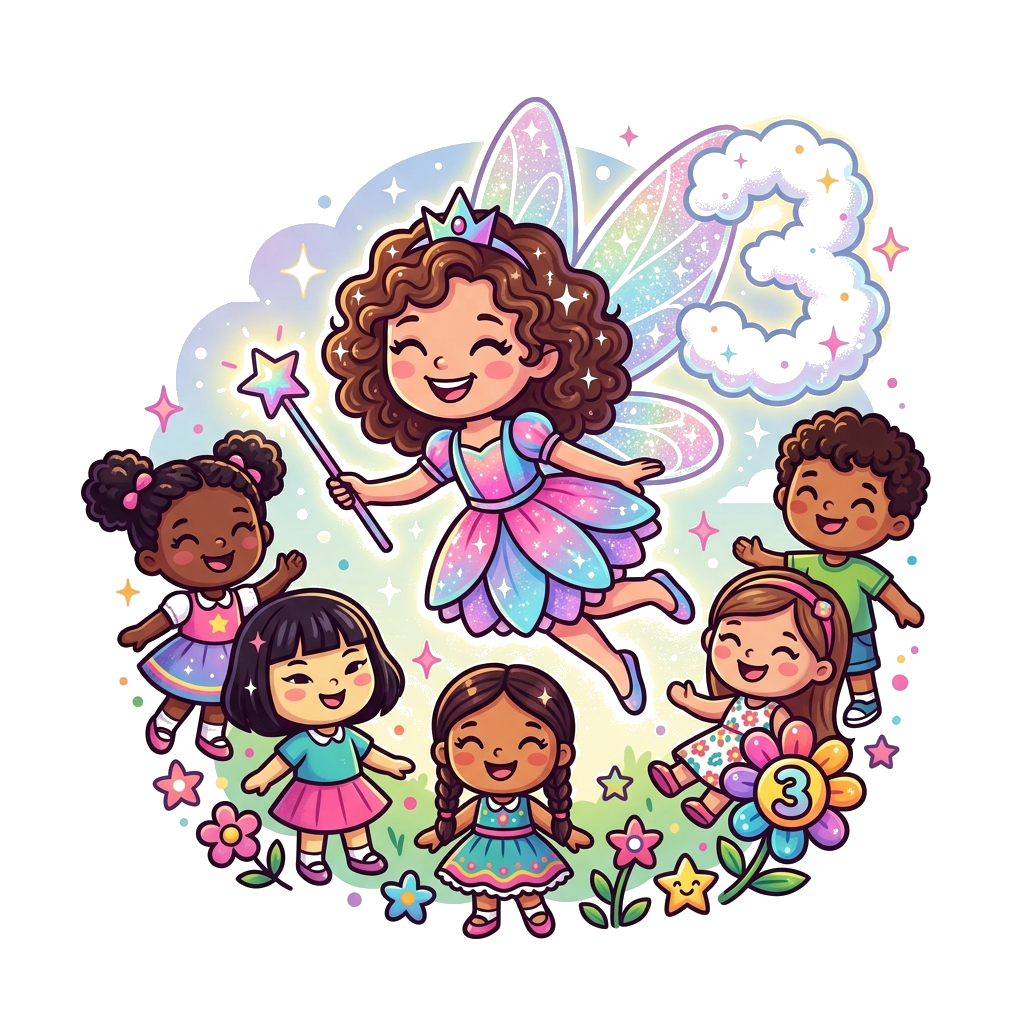 Custom design: A cheerful cartoon fairy with sparkling wings, holding a magic wand and surrounded by adorable, diverse cartoon dolls...