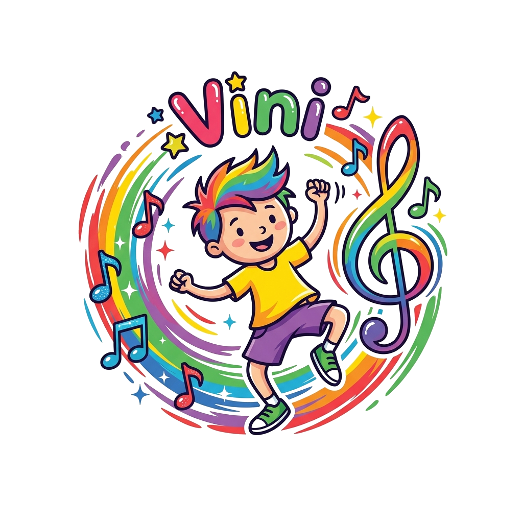 Custom design: A cheerful, gender-neutral cartoon child with dynamic dance moves, surrounded by floating musical notes, a rainbow-co...