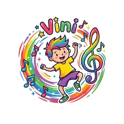 A cheerful, gender-neutral cartoon child with dynamic dance moves, surrounded by floating musical notes, a rainbow-colored treble clef, and abstract swirls of vibrant paint, with the name 'Vini' playfully integrated into the design, energetic and colorful style.
