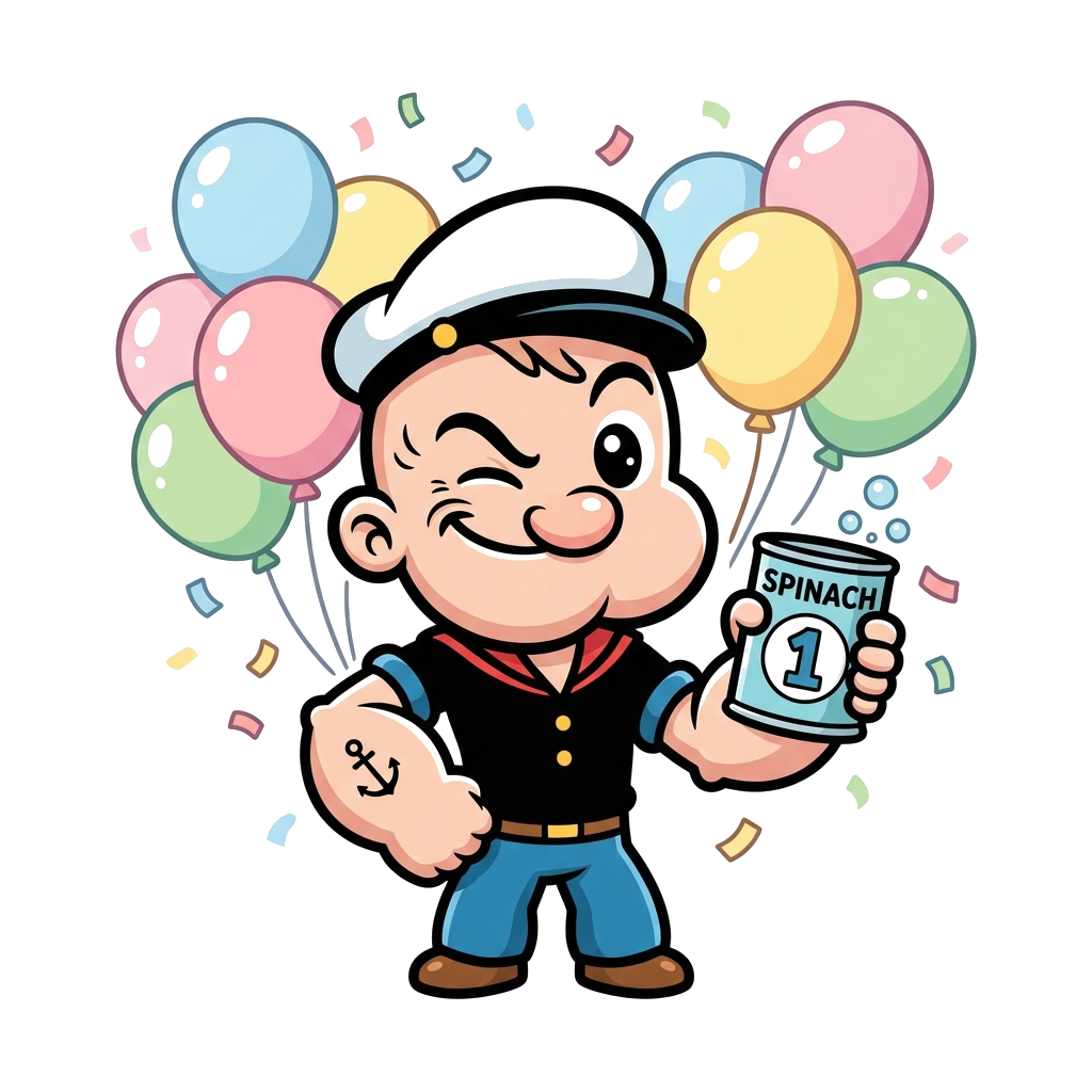 Custom design: A super cute, chibi-style Popeye the Sailor man, winking and holding a spinach can with a '1' on it, surrounded by so...