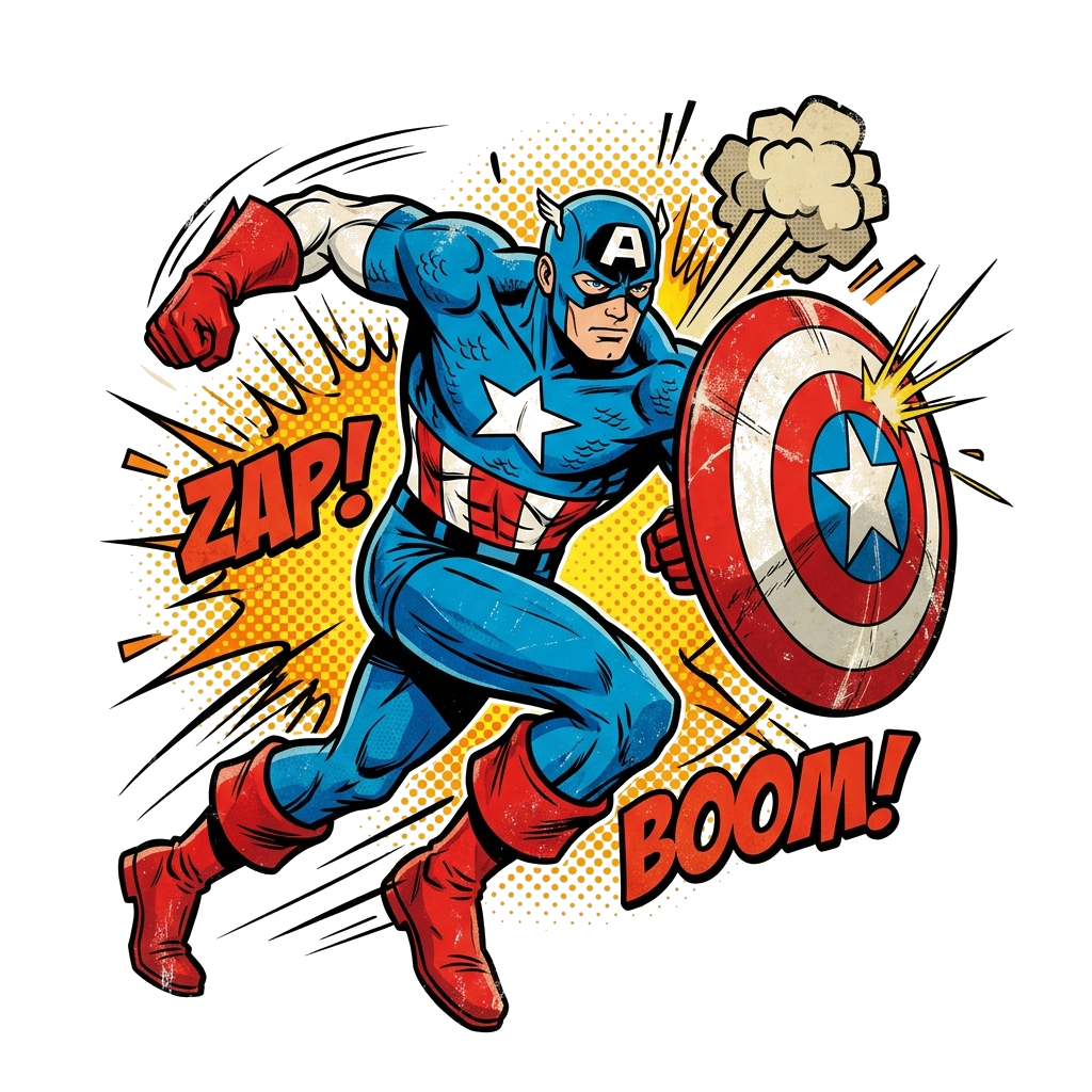 Design artwork: A dynamic illustration of Captain America in a classic action pose, rendered in a vintage comic book style with halft...