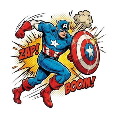 Custom design: A dynamic illustration of Captain America in a classic action pose, rendered in a vintage comic b...