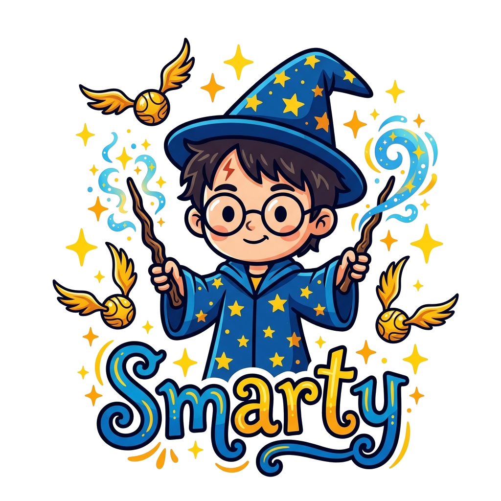 Design artwork: A cute cartoon chibi wizard boy with round glasses and a lightning scar, holding a magic wand, surrounded by floating...