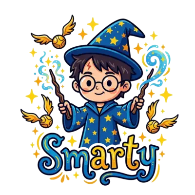 Custom design: A cute cartoon chibi wizard boy with round glasses and a lightning scar, holding a magic wand, su...