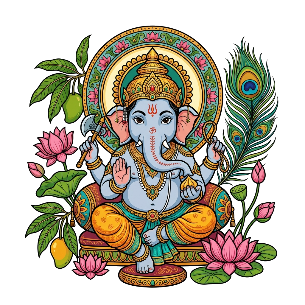 Design artwork: A beautifully rendered illustration of a joyful Bal Ganesha, in a traditional Indian folk art style, surrounded by lo...