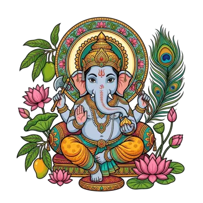 Custom design: A beautifully rendered illustration of a joyful Bal Ganesha, in a traditional Indian folk art sty...