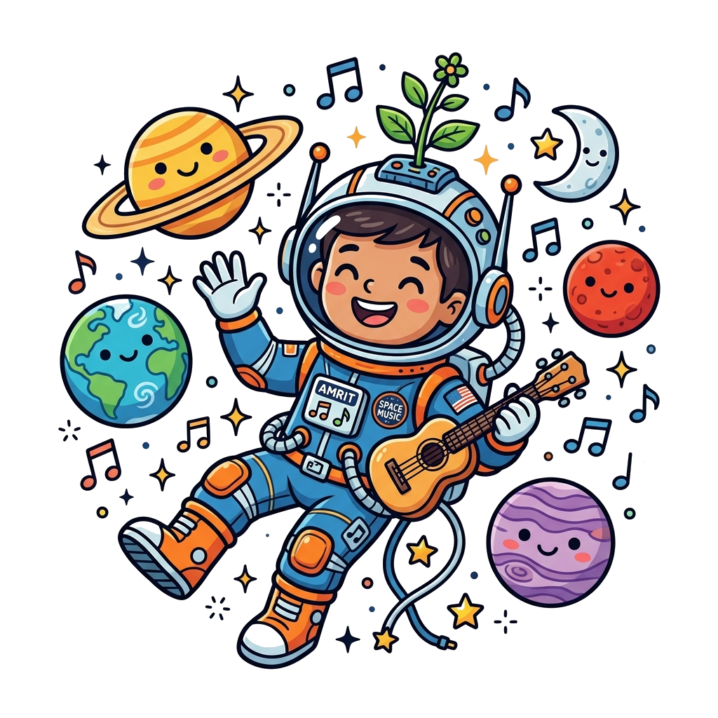 Custom design: A cute cartoon astronaut Amrit floating in space, surrounded by musical notes as stars and friendly smiling planets, ...