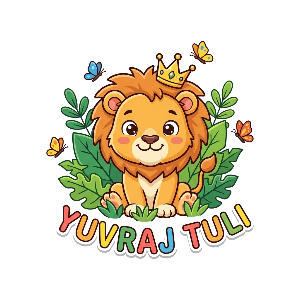 Design artwork: A super cute, friendly cartoon baby lion cub with big eyes, wearing a tiny crown, surrounded by green leaves and a fe...
