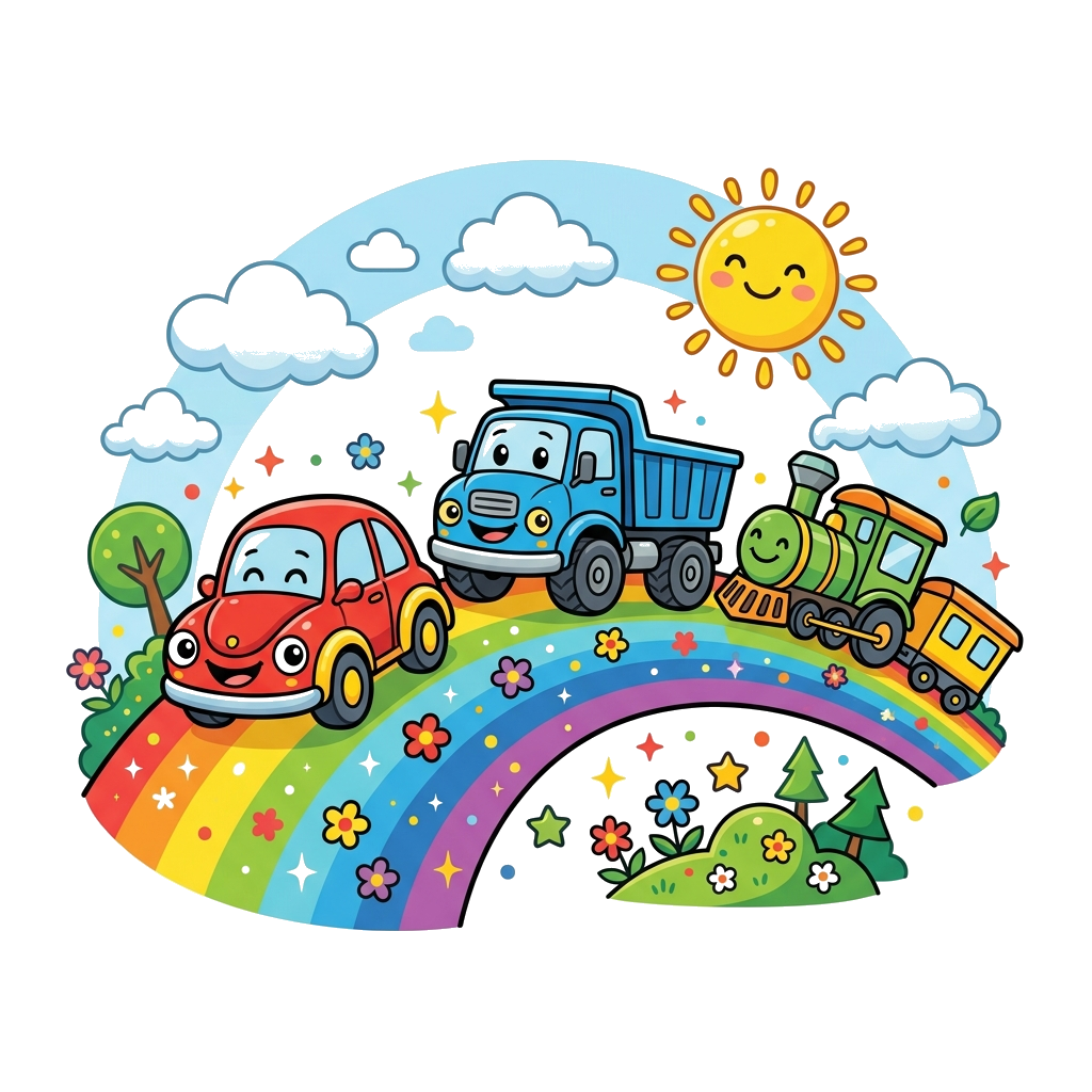 Custom design: A vibrant cartoon illustration of various friendly, smiling vehicles like a red car, a blue truck, and a green train ...