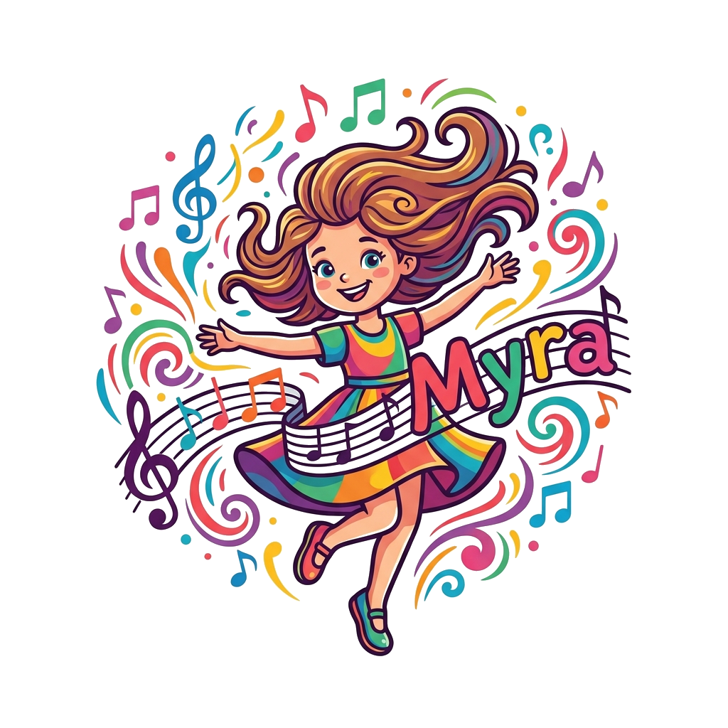 Custom design: A vibrant cartoon illustration of a joyful little girl with flowing hair, dancing gracefully amidst a shower of brigh...