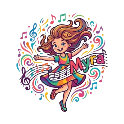 A vibrant cartoon illustration of a joyful little girl with flowing hair, dancing gracefully amidst a shower of bright, colorful musical notes, clefs, and abstract swirling patterns. The word 'Myra' is playfully integrated into the design, perhaps forming part of a musical staff or as a bright banner. The style is very energetic and full of life, with a strong focus on a broad spectrum of colors.
