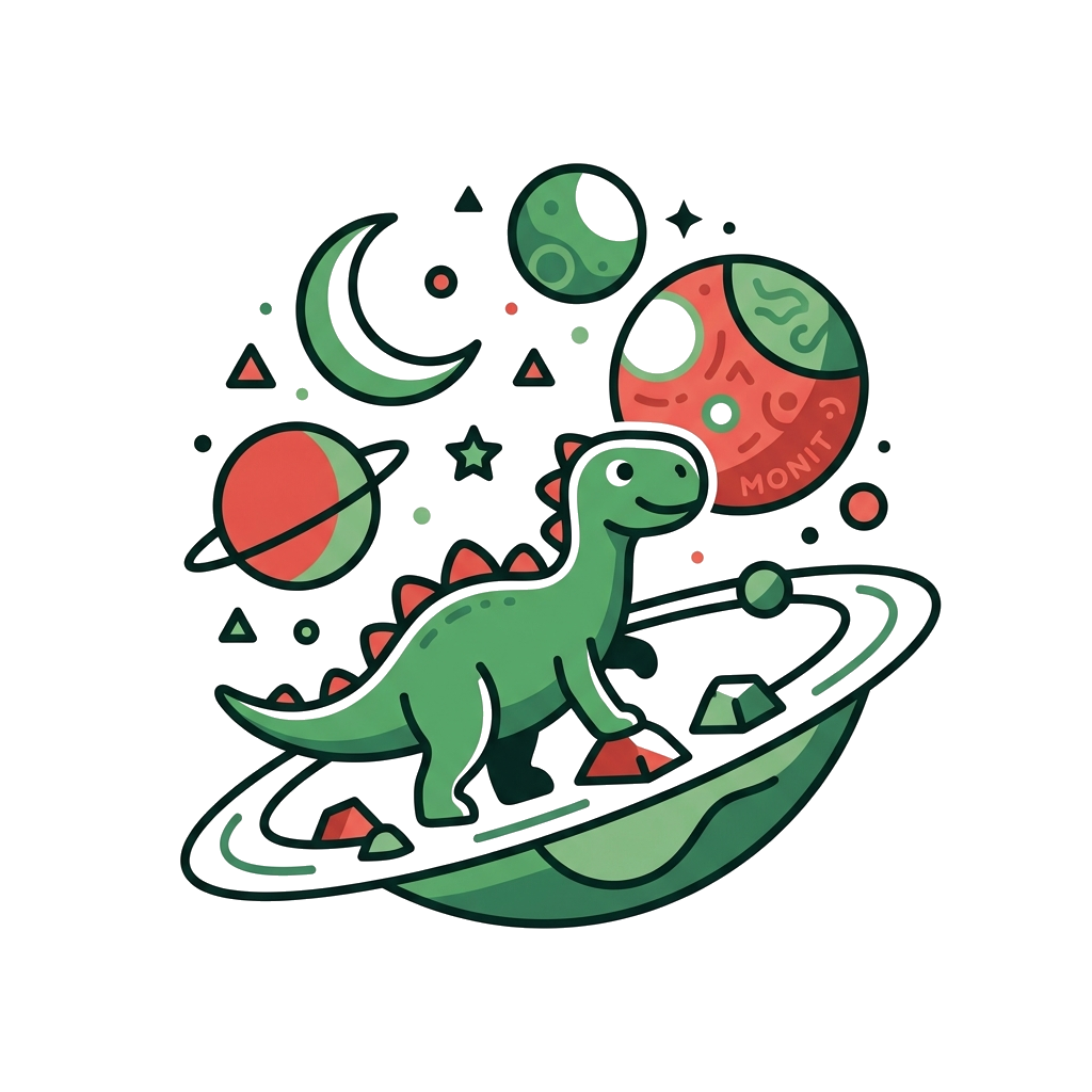 Custom design: A minimalist artistic illustration of a friendly dinosaur silhouette exploring a cosmic landscape with geometric plan...