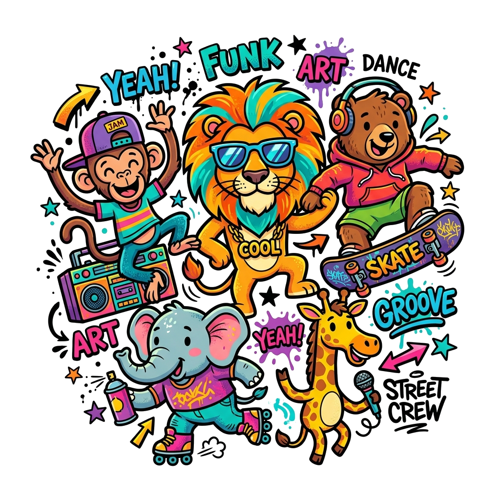 Custom design: A group of super cool, funky cartoon animals (like a lion with sunglasses, a dancing monkey, and a skateboarding bear...