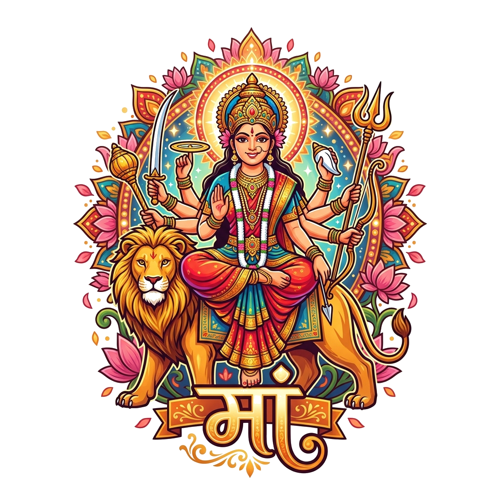 Custom design: A majestic, traditional illustration of Goddess Durga on her lion, depicted with multiple arms holding various weapon...