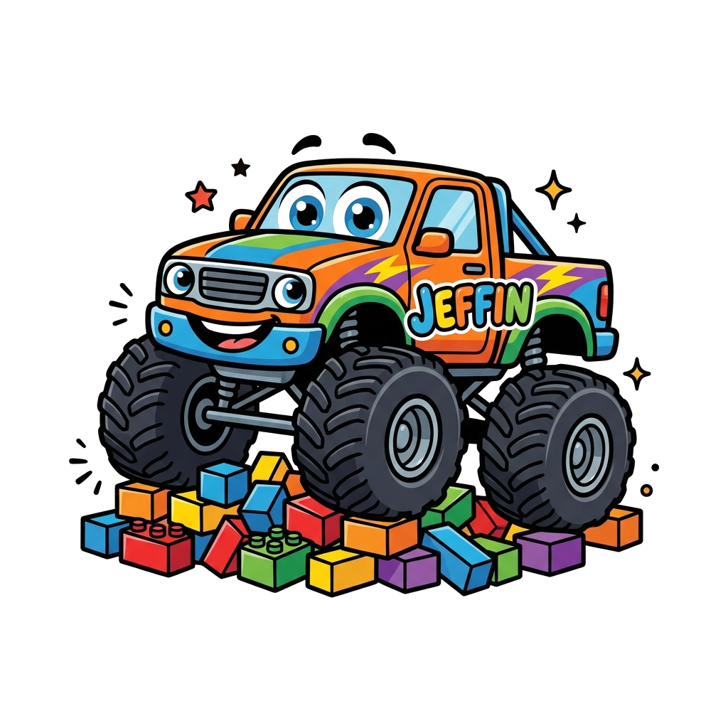 Design artwork: A cute cartoon monster truck named 'Jeffin' with big friendly eyes, happily driving over a pile of colorful blocks, i...