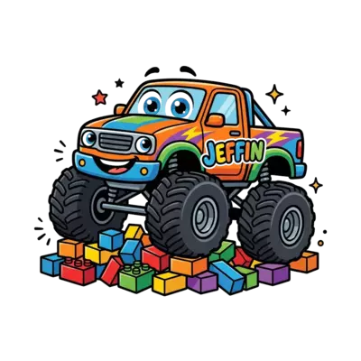 Custom design: A cute cartoon monster truck named 'Jeffin' with big friendly eyes, happily driving over a pile o...