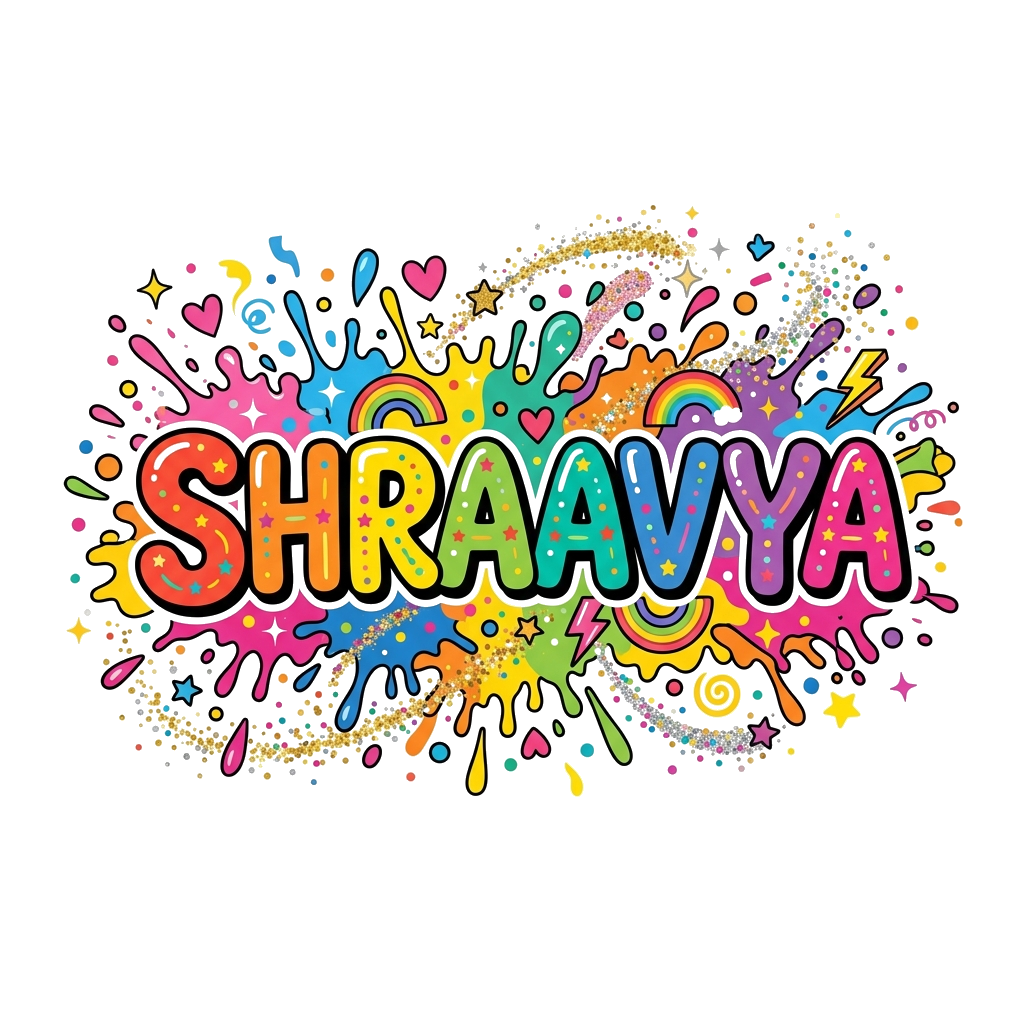 Custom design: A cheerful illustration featuring the name 'Shraavya' in bold, bubbly, rainbow-colored letters, surrounded by a splas...