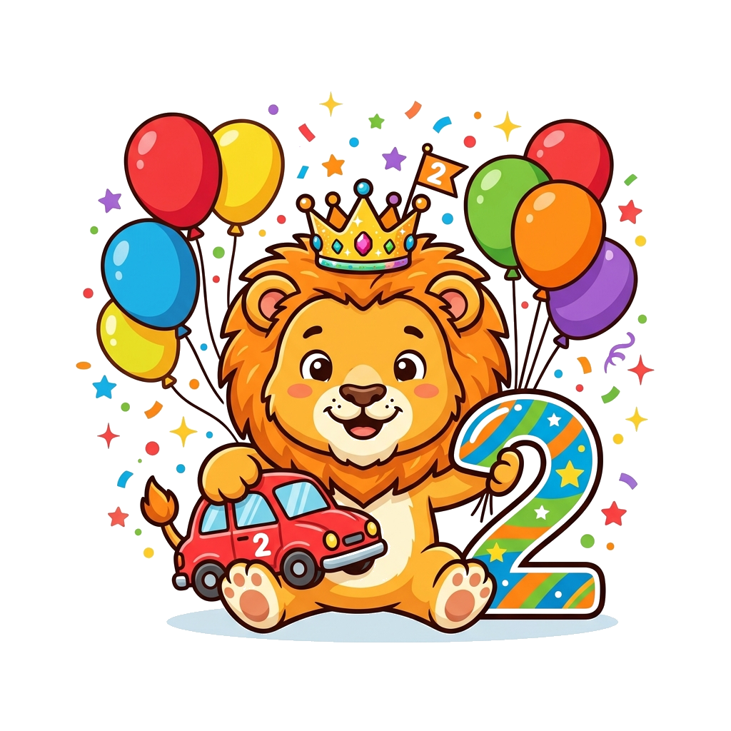 Design artwork: A super cute cartoon baby lion wearing a tiny birthday crown, holding a bright red toy car, with the number '2' promi...