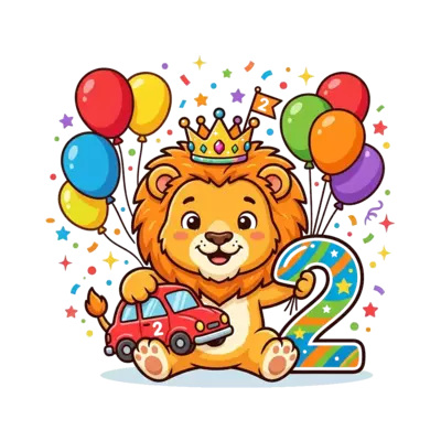 Custom design: A super cute cartoon baby lion wearing a tiny birthday crown, holding a bright red toy car, with ...