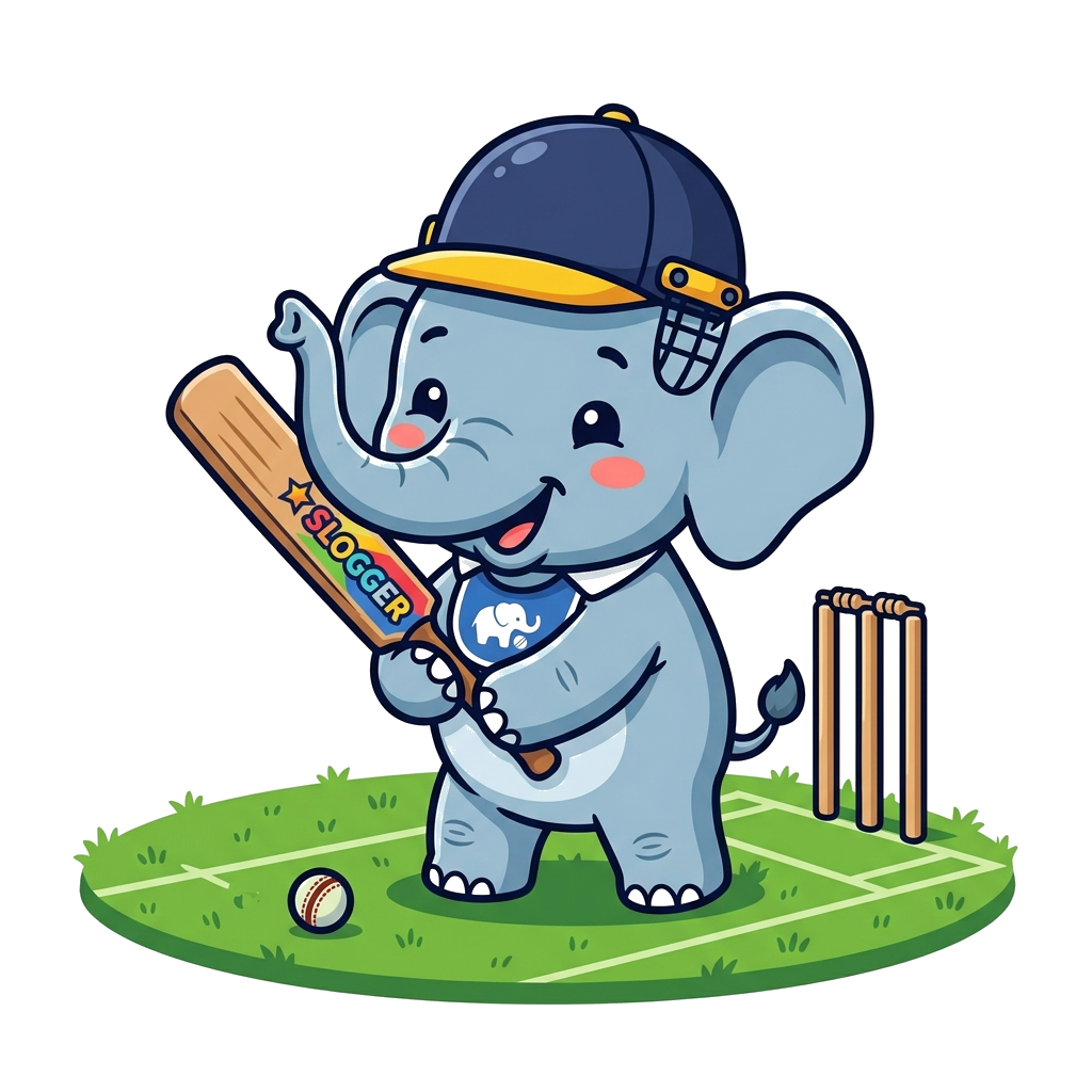 Design artwork: A super cute cartoon baby elephant wearing a tiny cricket helmet and holding a bat, smiling playfully on a green cric...