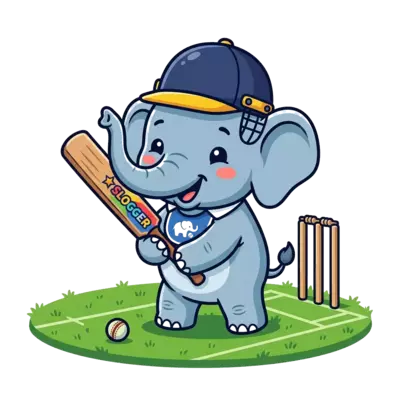 Custom design: A super cute cartoon baby elephant wearing a tiny cricket helmet and holding a bat, smiling playf...