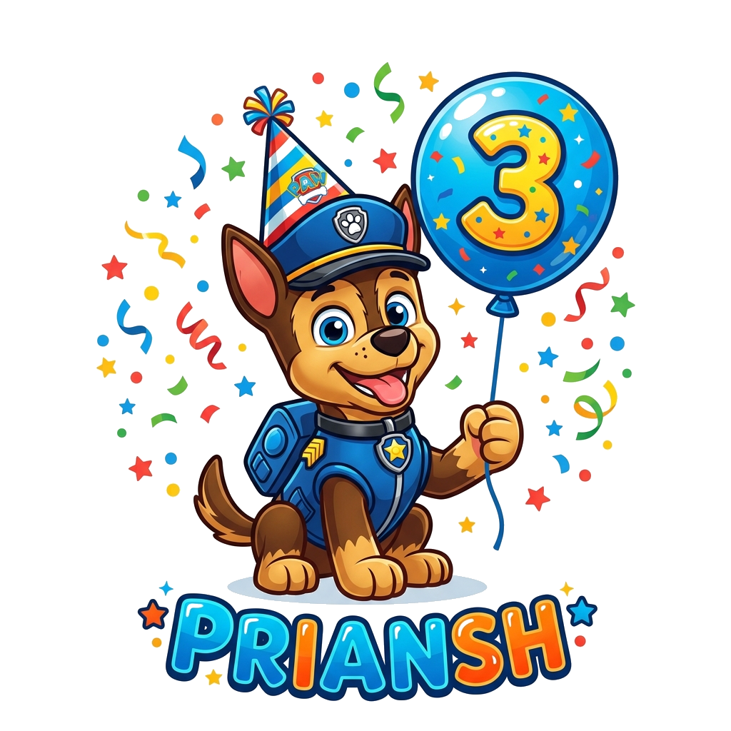 Custom design: A cute cartoon illustration of Chase from Paw Patrol wearing a party hat, holding a balloon with the number '3', with...