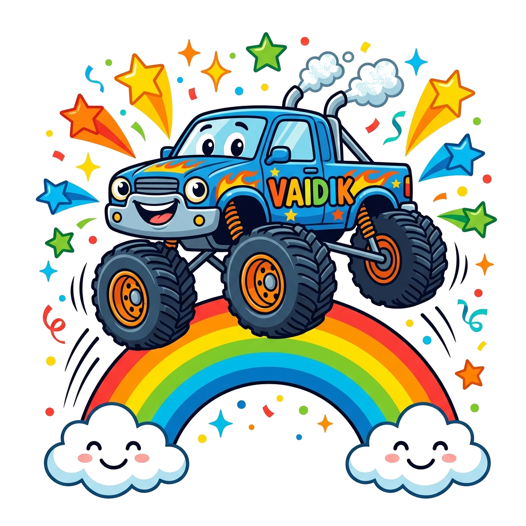 Custom design: A vibrant cartoon illustration of a happy little monster truck, with 'Vaidik' playfully written on its side, jumping ...