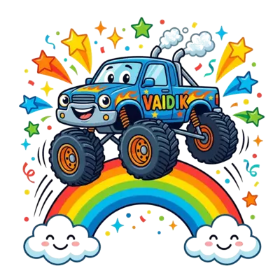 A vibrant cartoon illustration of a happy little monster truck, with 'Vaidik' playfully written on its side, jumping over a colorful rainbow in a dynamic, action-packed scene, surrounded by bright stars and confetti.
