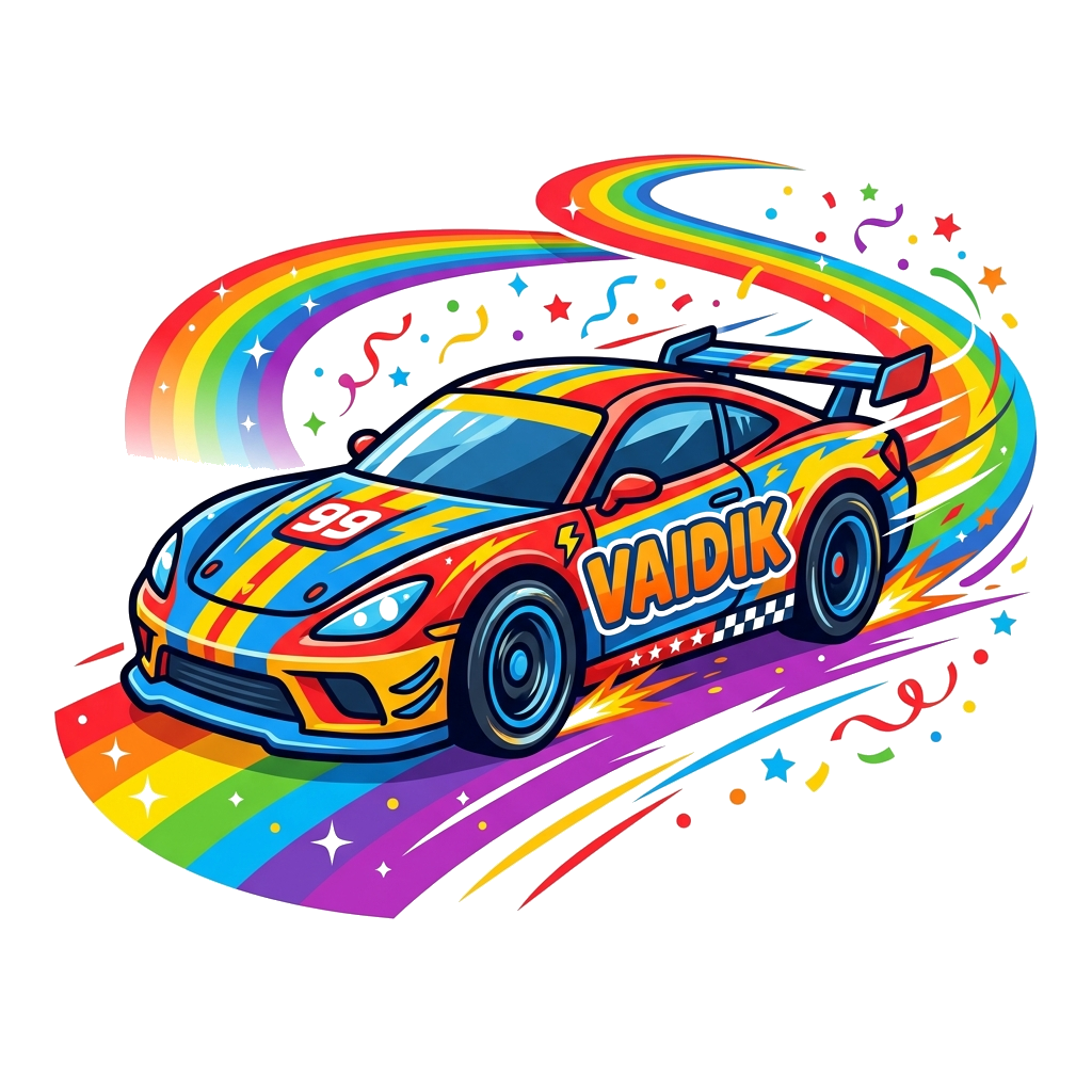 Custom design: A super cool, vibrant cartoon race car with 'Vaidik' emblazoned on its side, speeding down a rainbow-colored track wi...
