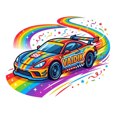 A super cool, vibrant cartoon race car with 'Vaidik' emblazoned on its side, speeding down a rainbow-colored track with dynamic motion lines and confetti, in a bright, energetic style.