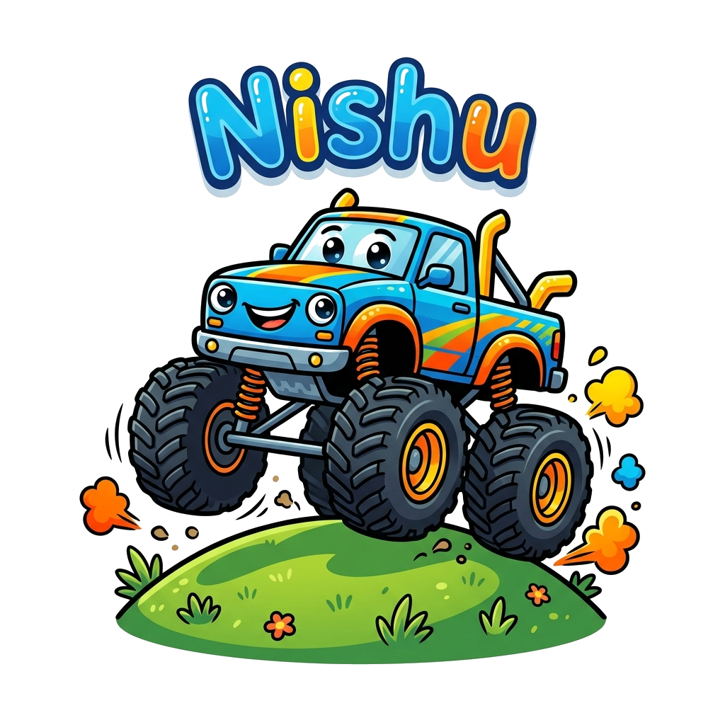 Custom design: A cute cartoon monster truck with big friendly eyes, playfully driving over a small hill, with the name 'Nishu' writt...