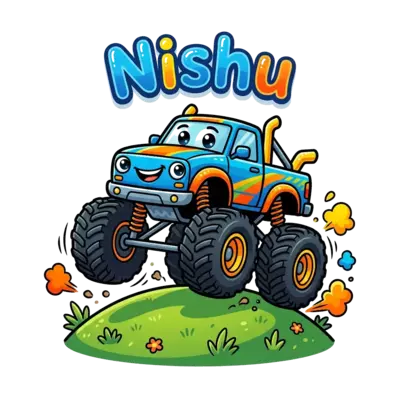 A cute cartoon monster truck with big friendly eyes, playfully driving over a small hill, with the name 'Nishu' written in a bubbly font above it, vibrant colors, clear background.