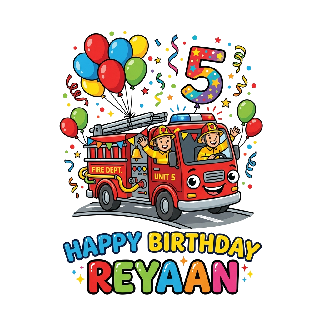 Design artwork: A cheerful cartoon fire engine with friendly firefighters waving, surrounded by festive balloons and confetti with th...