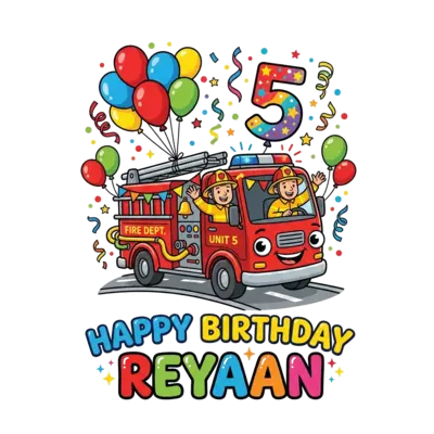 Custom design: A cheerful cartoon fire engine with friendly firefighters waving, surrounded by festive balloons ...