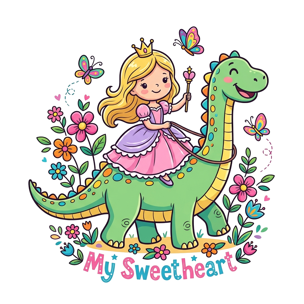 Design artwork: A cute cartoon princess riding a friendly, smiling dinosaur, surrounded by whimsical flowers and butterflies, with th...