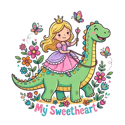Custom design: A cute cartoon princess riding a friendly, smiling dinosaur, surrounded by whimsical flowers and ...