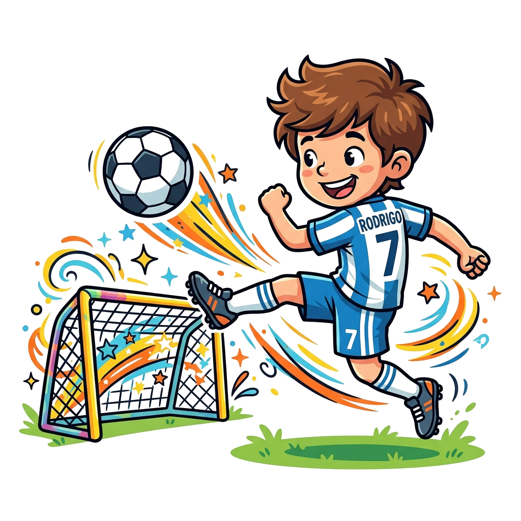Custom design: A dynamic, cartoon illustration of a young, energetic football player, reminiscent of a child-friendly Ronaldo, mid-k...