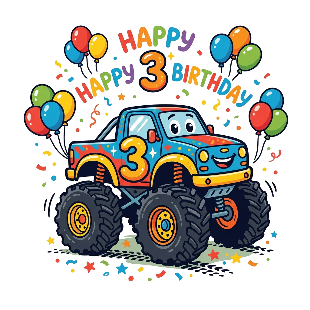 Design artwork: A charming hand-drawn illustration of a friendly monster truck with big wheels, a happy face, and the number '3' prom...