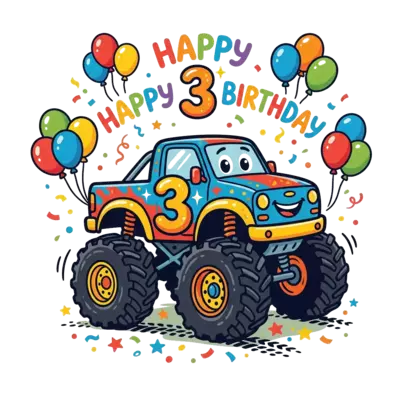 Custom design: A charming hand-drawn illustration of a friendly monster truck with big wheels, a happy face, and...