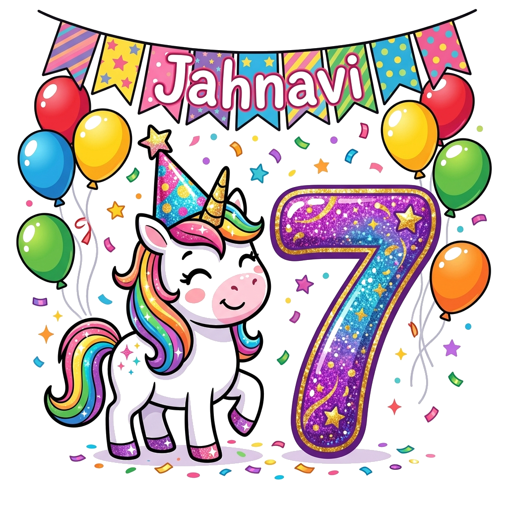 Design artwork: A cheerful cartoon unicorn with a sparkling party hat, standing next to a giant, glittery number 7, surrounded by col...