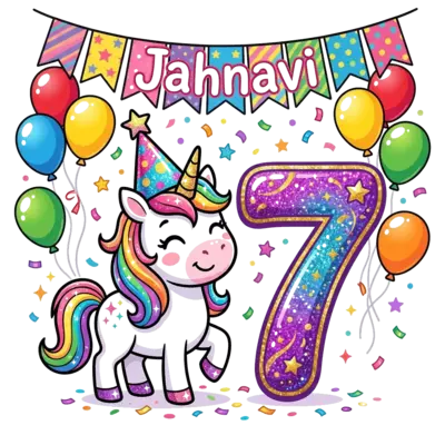 Custom design: A cheerful cartoon unicorn with a sparkling party hat, standing next to a giant, glittery number ...