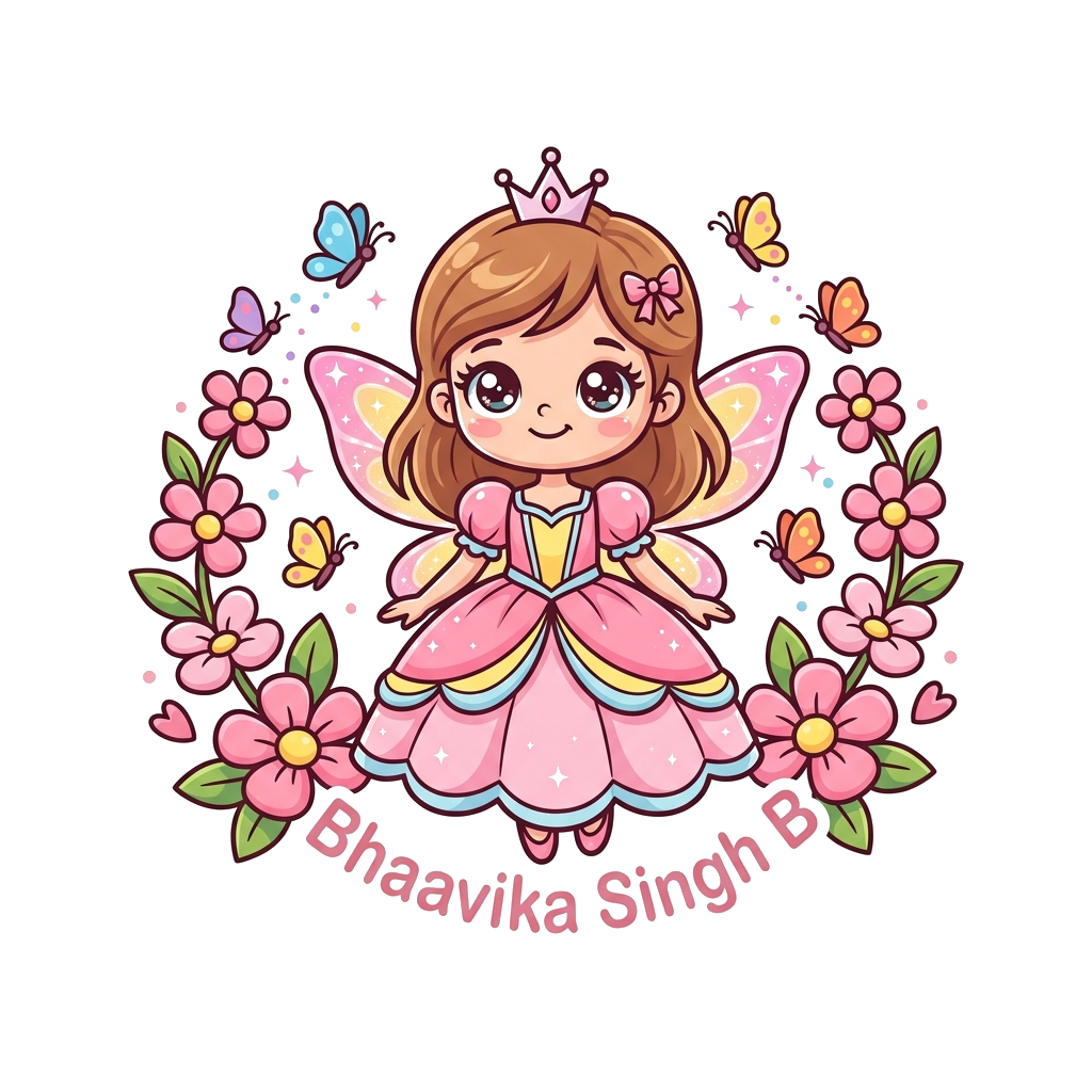 Custom design: A cute cartoon fairy princess with big sparkling eyes, wearing a pink gown, surrounded by whimsical pink flowers and ...
